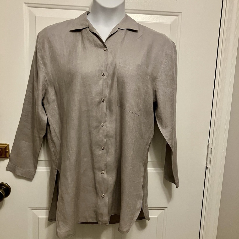 Spitalnick & Co Size 12 Vintage Gray Taupe Linen Button Down Shirt Blouse Womens
